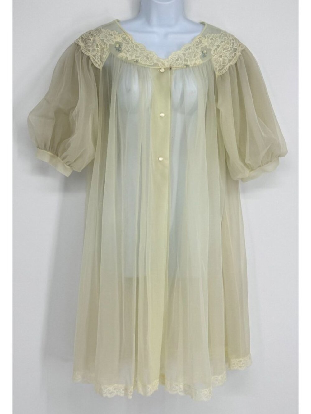Vintage Shadowline Peignoir Robe Sheer Chiffon Nylon Lace Puff Sleeve Small Yell